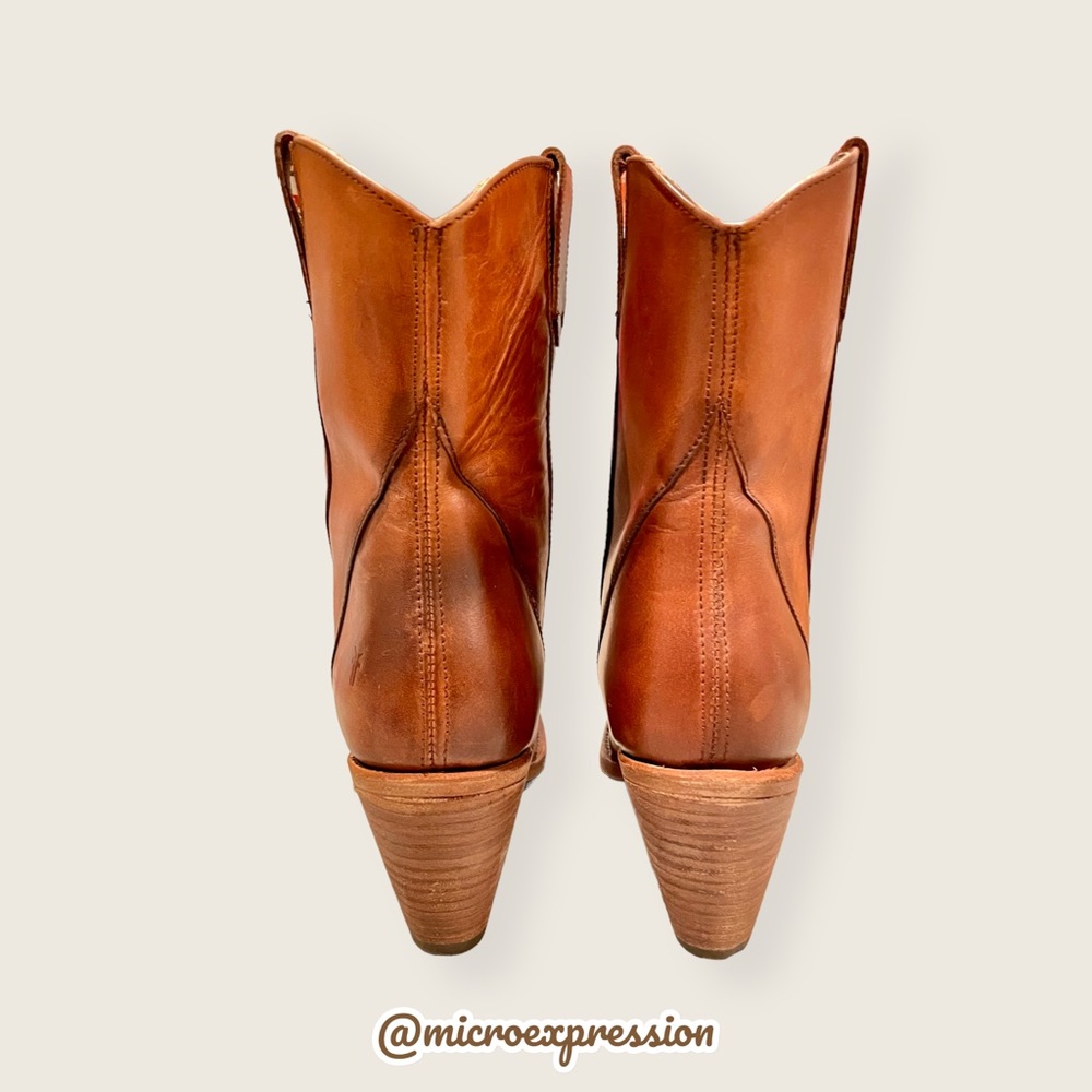 Frye Mustang Seam Short Cognac Brown Leather Cowboy Pull-on Heeled Ankle Bootie - Picture 9 of 15